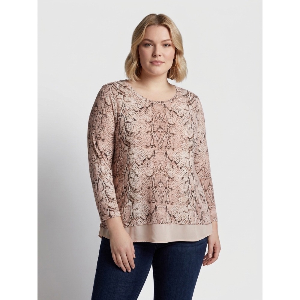 Rose + Olive Women's Pink Snakeskin Print Top 3/4 Sleeve Sz 2X EUC
